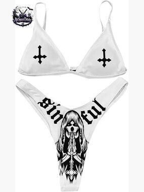 Gothic Skull Print Bikini Set High Cut Triangle Top High Waisted Brief